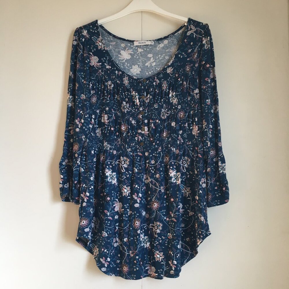 Ricki's Blue Hippie Floral Smocked Babydoll Rayon Metal Button Top M